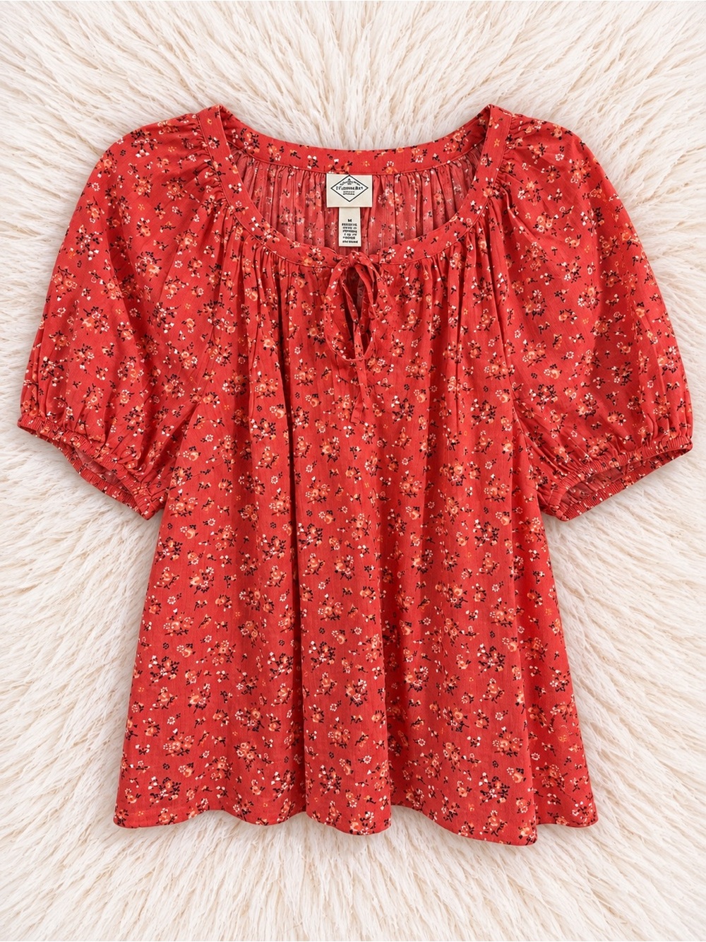 St. John's Bay Red Floral Tie-Neck Puff Sleeve Blouse